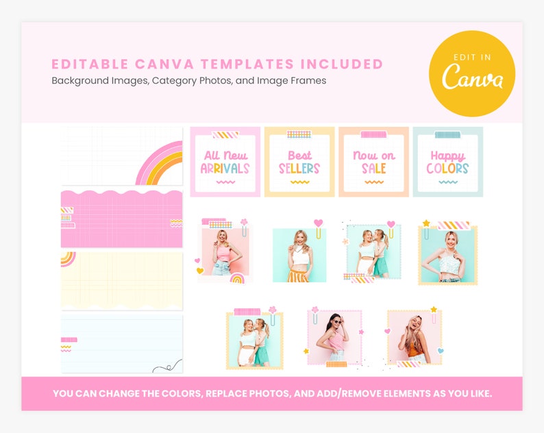 May include: A collection of editable Canva templates featuring pastel-colored backgrounds, category photo frames, and decorative elements. Text includes "All New ARRIVALS," "Best SELLERS," "Now on SALE," and "Happy COLORS" with graphic accents.