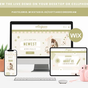 May include: A mockup of a website on a desktop computer, a tablet, and a smartphone. The website is for a cottagecore-themed online shop called "cottagecore dream". The website features a light green and pink color scheme with floral and nature-inspired graphics. The text on the website says "Let's shop our newest arrivals". The website is built on Wix.
