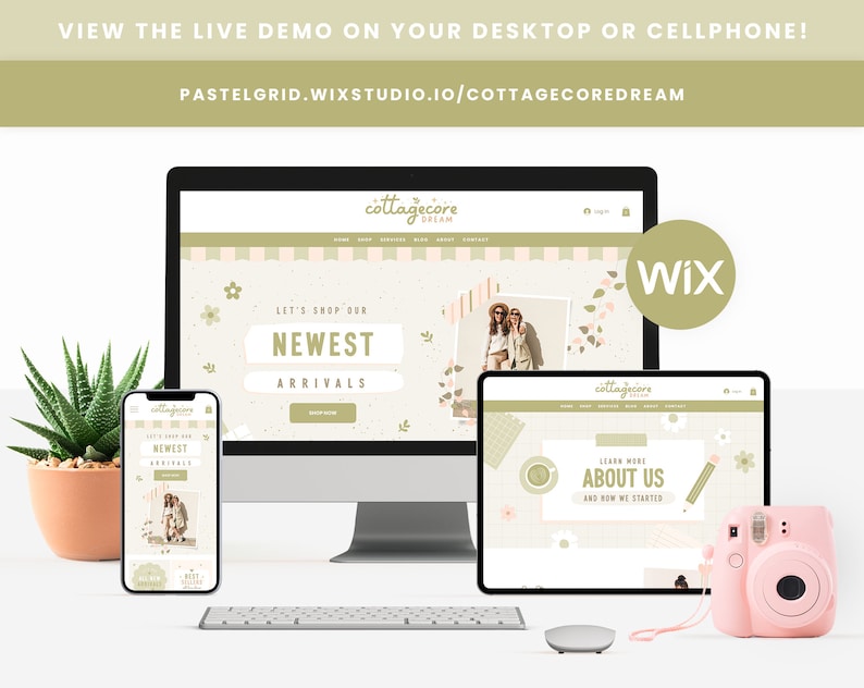 May include: A mockup of a website on a desktop computer, a tablet, and a smartphone. The website is for a cottagecore-themed online shop called "cottagecore dream". The website features a light green and pink color scheme with floral and nature-inspired graphics. The text on the website says "Let's shop our newest arrivals". The website is built on Wix.