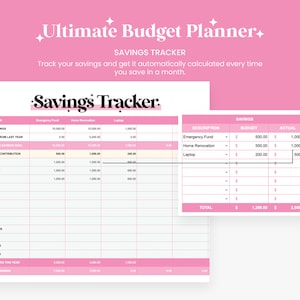 May include: A pink and white printable savings tracker spreadsheet with the title "Savings Tracker" and headings for "Goal Savings", "Savings from Last Year", "Remaining Savings Goal", "Monthly Contribution", "January", "February", "March", "April", "May", "June", "July", "August", "September", "October", "November", "December", "Total Saved This Year", "Total Remaining", "Description", "Savings Budget", and "Actual".