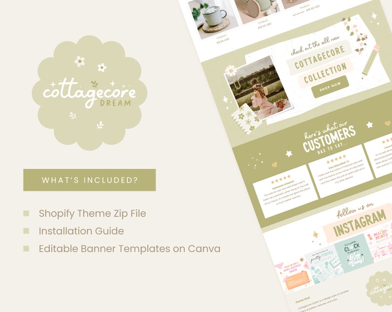 Puede incluir: Una maqueta de sitio web para una tienda Shopify con tem&aacute;tica cottagecore. El sitio web presenta un esquema de color verde y blanco con ilustraciones de flores y estrellas. El texto en el sitio web dice "cottagecore dream", "echa un vistazo a la nueva colecci&oacute;n cottagecore", "comprar ahora", "esto es lo que nuestros clientes tienen que decir", "s&iacute;guenos en Instagram" y "&iquest;qu&eacute; est&aacute; incluido?" El sitio web tambi&eacute;n enumera los siguientes elementos incluidos en el tema de Shopify: archivo zip del tema de Shopify, gu&iacute;a de instalaci&oacute;n y plantillas de banner editables en Canva.