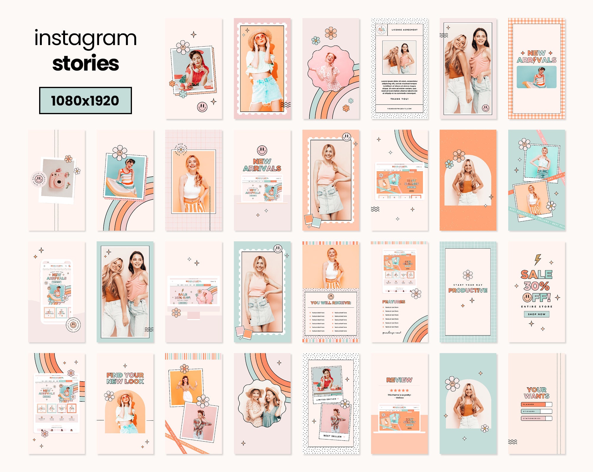 Instagram Posts Template Boho Pastel Groovy Rainbow Bundle in Square ...