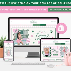Puede incluir: Una presentaci&oacute;n de sitio web en una computadora de escritorio, tableta y tel&eacute;fono inteligente. El sitio web presenta un esquema de color rosa y verde con los textos "Newest Arrivals" y "Best Sellers". Tambi&eacute;n se ve una c&aacute;mara instant&aacute;nea rosa y una planta suculenta en maceta.