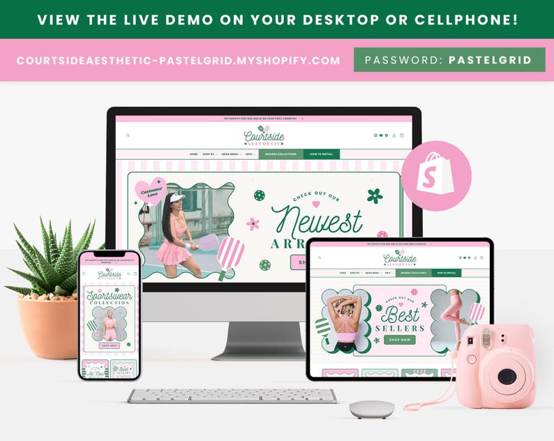 Puede incluir: Una presentaci&oacute;n de sitio web en una computadora de escritorio, tableta y tel&eacute;fono inteligente. El sitio web presenta un esquema de color rosa y verde con los textos "Newest Arrivals" y "Best Sellers". Tambi&eacute;n se ve una c&aacute;mara instant&aacute;nea rosa y una planta suculenta en maceta.