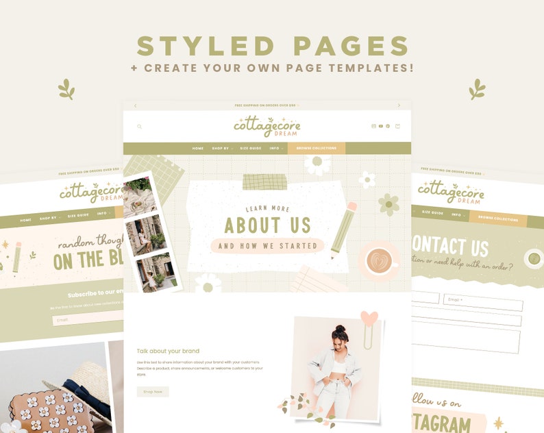 Puede incluir: Una plantilla de dise&ntilde;o de sitio web con un tema cottagecore. El sitio web presenta un esquema de color verde claro y marr&oacute;n con ilustraciones de flores, estrellas y un l&aacute;piz. El texto en el sitio web incluye "cottagecore dream", "pensamientos aleatorios en el blog", "obtener m&aacute;s informaci&oacute;n sobre nosotros" y "cont&aacute;ctanos".
