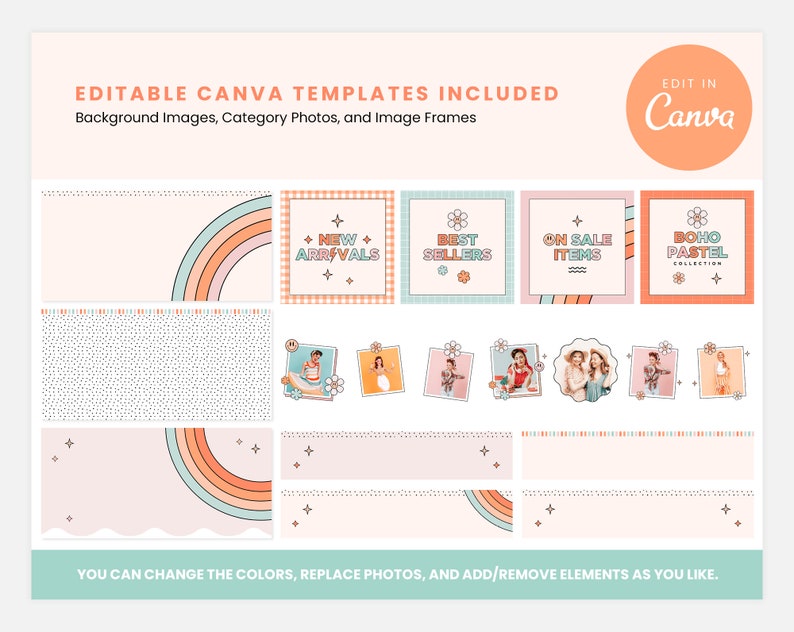 Wix Template in Boho Pastel Rainbow Groovy Cute Wix Website Theme, Editable Canva Customizable Shop Design Templates, Wix Theme Design - BPT image 4