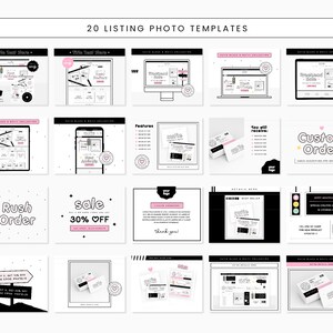 Puede incluir: Veinte plantillas de fotos de listado para tiendas Etsy. Las plantillas presentan un esquema de color blanco y negro con acentos rosados. Las plantillas incluyen texto como "Pedido urgente", "Venta 30% de descuento", "Pedido personalizado" y "Recibir&aacute;s".