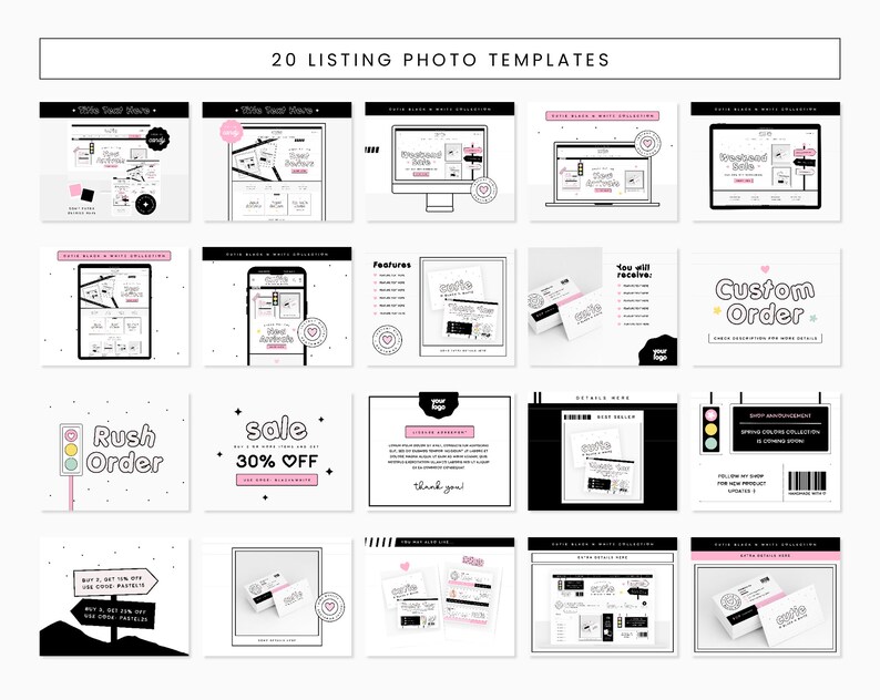 Puede incluir: Veinte plantillas de fotos de listado para tiendas Etsy. Las plantillas presentan un esquema de color blanco y negro con acentos rosados. Las plantillas incluyen texto como "Pedido urgente", "Venta 30% de descuento", "Pedido personalizado" y "Recibir&aacute;s".