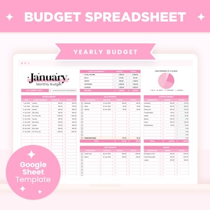 Pink Budget Spreadsheet Extended, Digital Budget Planner, Annual and Monthly Financial Google Sheet Editable, Savings, Debt Payment Tracker