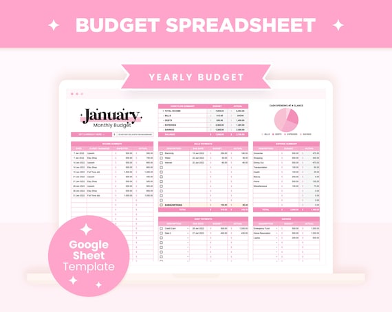 Pink Budget Spreadsheet Extended, Digital Budget Planner, Annual and Monthly Financial Google Sheet Editable, Savings, Debt Payment Tracker