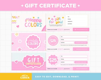 Gift Certificate Editable Canva Template in Happy Colors, Rainbow and Pink Customizable Gift Cards Template - HPC