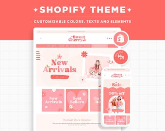 Shopify Theme Red Pink Bright Customizable Ecommerce Shopify Theme Editable Canva Banners Boutique Feminine Aesthetic Shopify Theme - SCH