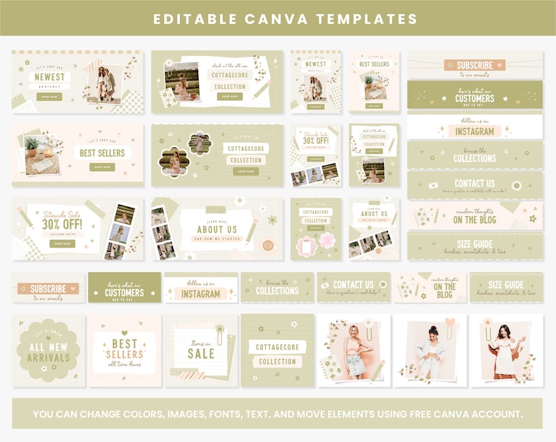 Puede incluir: Una colecci&oacute;n de 18 plantillas de Canva editables para redes sociales con una est&eacute;tica cottagecore. Las plantillas incluyen una variedad de dise&ntilde;os con elementos florales, fuentes escritas a mano y colores pastel. El texto en las plantillas incluye frases como "Nuevas llegadas", "Los m&aacute;s vendidos", "Colecci&oacute;n Cottagecore", "Acerca de nosotros", "Cont&aacute;ctanos", "Gu&iacute;a de tallas" y "En el blog".