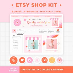 Puede incluir: Una plantilla digital de Etsy Shop Kit en tonos rosa y melocotón. Incluye banners, fotos de productos, iconos de tienda y más. El texto en la imagen dice "Lovely Hearts" y "Easy to edit text, colors, & elements."