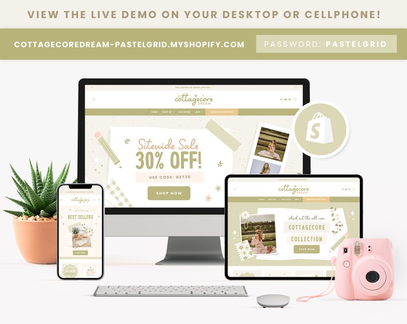 Puede incluir: Una maqueta de una tienda online de tem&aacute;tica cottagecore con un banner de venta en todo el sitio que ofrece un 30% de descuento con el c&oacute;digo GET30. La tienda se muestra en un ordenador de sobremesa, una tableta y un tel&eacute;fono inteligente. Tambi&eacute;n se muestra una c&aacute;mara instant&aacute;nea rosa y un icono de bolsa de la compra.