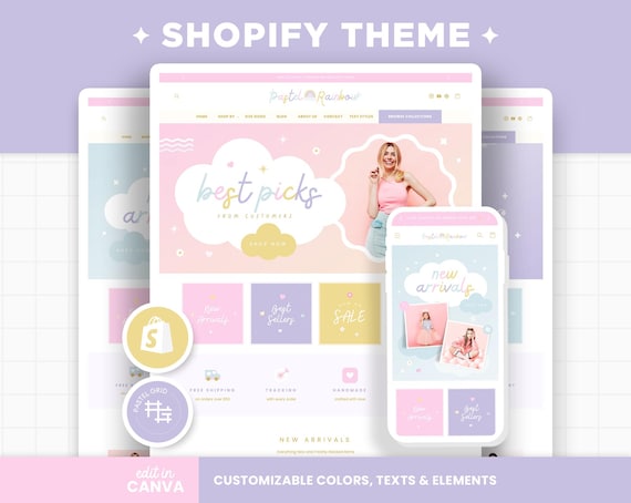 Pastel Rainbow Shopify Theme with Customizable Colors and Editable Canva Banners - PRB