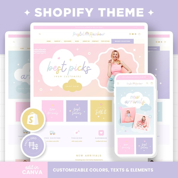 Shopify-thema Pastelregenboog, aanpasbare kleuren Shopify-thema, bewerkbare canvasbanners, boetiek vrouwelijk esthetisch Shopify-sjabloon - PRB