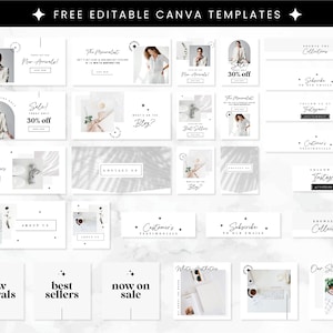 May include: A collection of social media templates for a fashion brand. The templates feature a minimalist design with white backgrounds and black text. The text includes phrases like "New Arrivals", "Sale! 30% off", "Best Sellers", "Browse the Collections", and "Our Story".