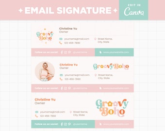Email Signature Template Editable in Canva, Groovy Boho Pastel Customizable E-mail Signature Design in Groovy Boho Collection - GVB