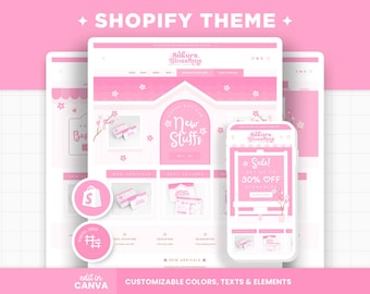 Shopify Theme Pink Sakura Cherry Blossoms Customizable Shopify Template Editable Canva Banners Boutique Aesthetic Design Shop Web Design SKB