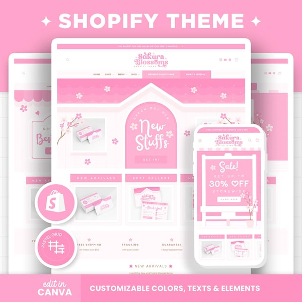 Shopify-thema Roze Sakura Kersenbloesems Aanpasbaar Shopify-sjabloon Bewerkbare canvasbanners Boetiek Esthetisch ontwerp Shop webdesign SKB