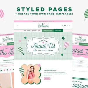 Puede incluir: Un dise&ntilde;o gr&aacute;fico que presenta plantillas de p&aacute;ginas web en tonos rosa y verde. El texto incluye "STYLED PAGES + CREATE YOUR OWN PAGE TEMPLATES!" y "About Us". Tambi&eacute;n hay elementos decorativos como flores y paletas de pickleball.