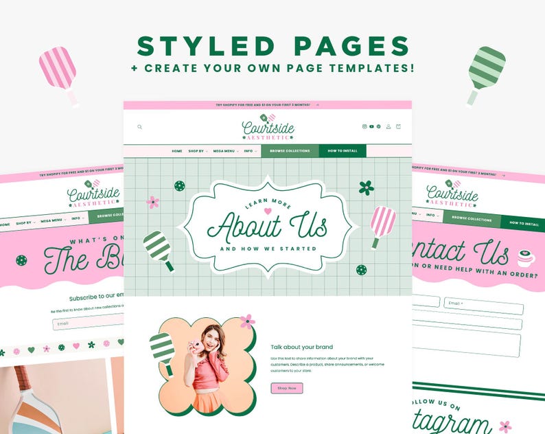 Puede incluir: Un dise&ntilde;o gr&aacute;fico que presenta plantillas de p&aacute;ginas web en tonos rosa y verde. El texto incluye "STYLED PAGES + CREATE YOUR OWN PAGE TEMPLATES!" y "About Us". Tambi&eacute;n hay elementos decorativos como flores y paletas de pickleball.