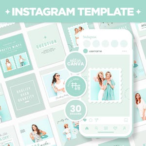 Könnte beinhalten: Eine Sammlung von 30 Instagram-Vorlagen in einem pastellgrünen Farbschema. Die Vorlagen bieten eine Vielzahl von Designs, darunter Text, Bilder und Symbole. Der Text enthält Sätze wie "Pretty Minty", "Qualität über Quantität" und "Pastel Grid". Die Vorlagen sind für die Verwendung im Social-Media-Marketing konzipiert.