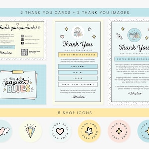Puede incluir: Dos tarjetas de agradecimiento azul pastel y rosa con el texto "Gracias" y "Pastel Blues" en una fuente manuscrita. Las tarjetas son para un paquete de marca personalizado. Seis iconos de tienda de color pastel con el texto "Tu nombre de tienda aqu&iacute;" en una fuente manuscrita.