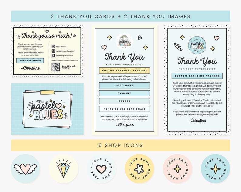 Puede incluir: Dos tarjetas de agradecimiento azul pastel y rosa con el texto "Gracias" y "Pastel Blues" en una fuente manuscrita. Las tarjetas son para un paquete de marca personalizado. Seis iconos de tienda de color pastel con el texto "Tu nombre de tienda aqu&iacute;" en una fuente manuscrita.