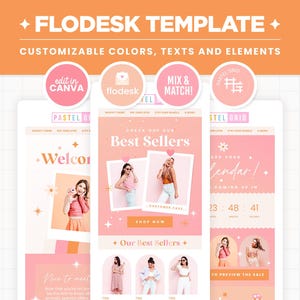May include: A digital marketing template with a pastel color scheme. The design includes the text "FLODESK TEMPLATE" and "CUSTOMIZABLE COLORS, TEXTS AND ELEMENTS." The template features sections for "Best Sellers" and a countdown timer.