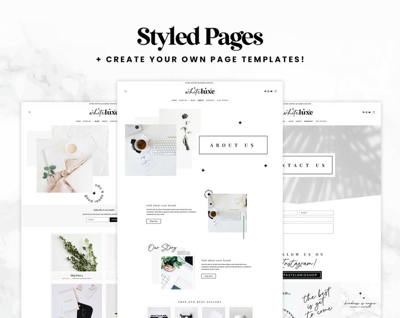May include: Website mockup with a white background and black text. The website is for a business called "whiteluxe". The website has pages for "About Us", "Contact Us", and "Our Story".