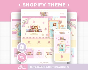 Tema de Shopify: Arcoíris pastel danés, plantilla personalizable de Shopify, banners editables de Canva, diseño retro, colores brillantes, diseño de tienda - DPT