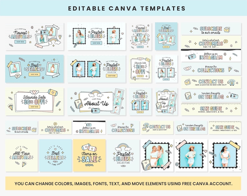 May include: A collection of editable Canva templates with pastel color schemes. The templates include designs for website banners, social media graphics, and promotional materials. Text includes "Newest Arrivals", "Best Sellers", and "Sale".