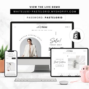 May include: A computer screen, tablet, and smartphone displaying a website with the text "whiteluxe" and "Sale! Today Only". The website is a shopify store with a shopping cart icon. The screen displays a white blazer, a white and silver jewelry set, and the text "Check out our Best Sellers".