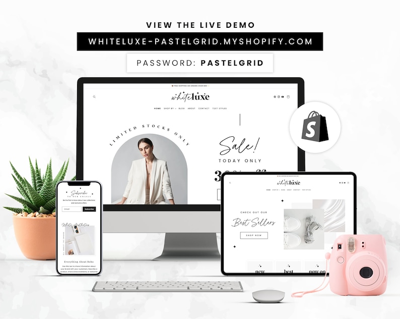 May include: A computer screen, tablet, and smartphone displaying a website with the text "whiteluxe" and "Sale! Today Only". The website is a shopify store with a shopping cart icon. The screen displays a white blazer, a white and silver jewelry set, and the text "Check out our Best Sellers".