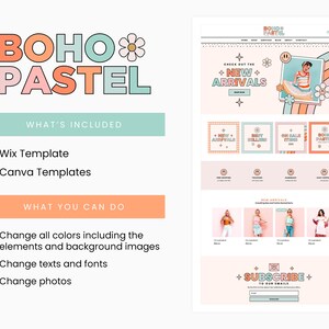 Wix Template in Boho Pastel Rainbow Groovy Cute Wix Website Theme, Editable Canva Customizable Shop Design Templates, Wix Theme Design - BPT image 3