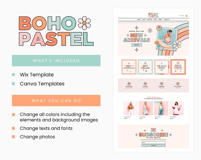 Wix Template in Boho Pastel Rainbow Groovy Cute Wix Website Theme, Editable Canva Customizable Shop Design Templates, Wix Theme Design - BPT image 3