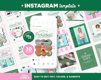 Instagram Posts Template Bundle in Square, Portrait, and Stories in Sporty Green and Pink - Canva Editable Social Media Templates - CSA