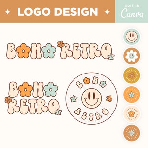 Branding Logo Design Boho Retro Groovy Rainbow Beige Orange Logos, Boutique, Shop, Feminine, Aesthetic, Creative Bright Pre-made Logos