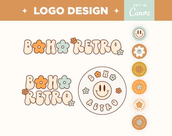 Branding Logo Design Boho Retro Groovy Rainbow Beige Orange Logos, Boutique, Shop, Feminine, Aesthetic, Creative Bright Pre-made Logos