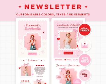 Email Templates Newsletter Design Editable Canva Email Banners and Headers in Coquette Red Pink Bows Hearts Aesthetic Girly Feminine - CQP
