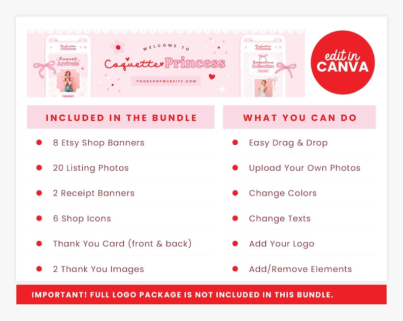 Etsy Shop Banner Templates, Coquette Pink Red Bows Hearts Valentines Etsy Branding Kit Template Editable Canva Banner Etsy Bundles - CQP image 2