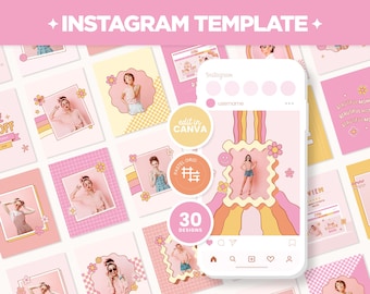 Instagram Posts Template Pastel Pink Groovy Rainbow Bundle in Square ...