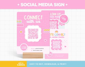 Social Media Sign Template in Happy Colors, Cute Customizable Social Media QR Code Display Printable Template - HPC