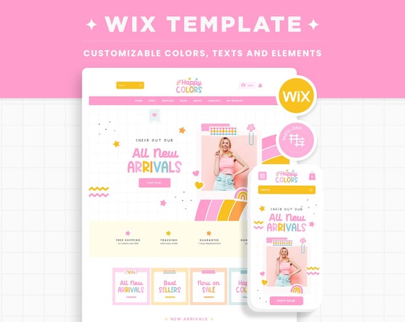 Wix Template in Rainbow Bright Happy Colors Colorful Pink Blue Wix Website Theme, Editable Canva Customizable Web Shop Design Templates HPC