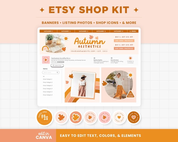 Etsy Shop Banner Templates Autumn Aesthetics Boho Fall Beige Brown Etsy Branding Kit Editable Canva Banner Mockup Etsy Shop Bundle - AAT