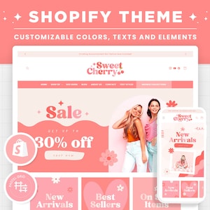 Shopify Theme Red Pink Bright Customizable Ecommerce Shopify Theme Editable Canva Banners Boutique Feminine Aesthetic Shopify Theme Design