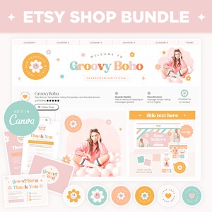 Etsy Shop Banner Templates, Groovy Boho Etsy Branding Kit Template Editable Canva Banner Mockup Templates Etsy Shop Kit - GVB