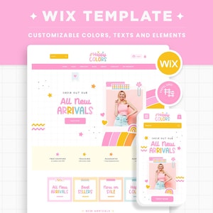 May include: A Wix website template featuring a pastel color palette with pink, yellow, and white accents. The layout includes a header with the text Happy Colors, a section titled All New Arrivals, and various graphic elements like stars and hearts.